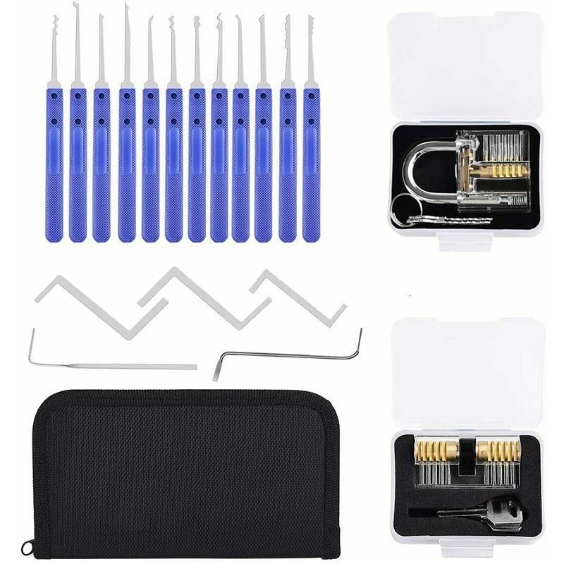 17Pcs 2 Locks Locksmith Tools Unlocking Lock Pick Set Practice Key Extractor Padlock Tool Kits With Bag