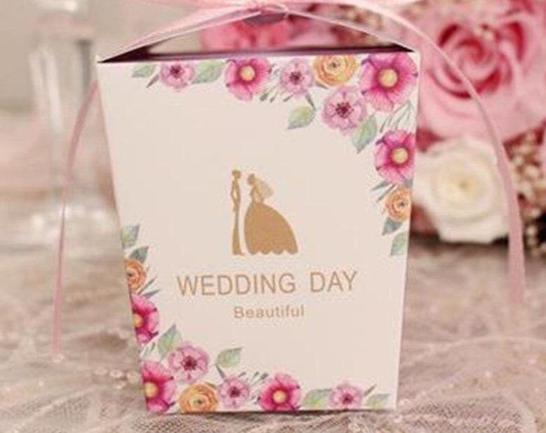 European Wedding Gift Packing Sugar Box Pink Color Ribbon Sweet Flower Bride and Groom Beautiful Wedding Decoration 50pcs