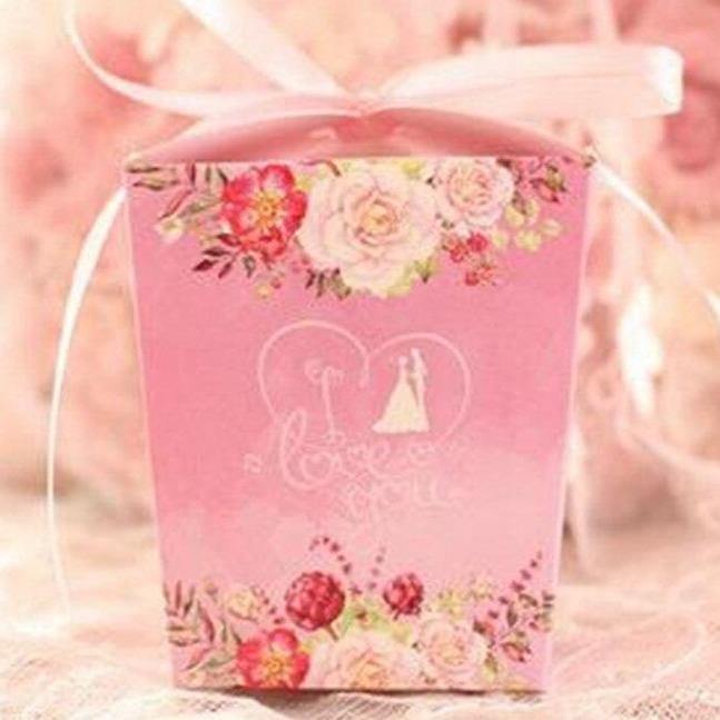 European Wedding Gift Packing Sugar Box Pink Color Ribbon Sweet Flower Bride and Groom Beautiful Wedding Decoration 50pcs
