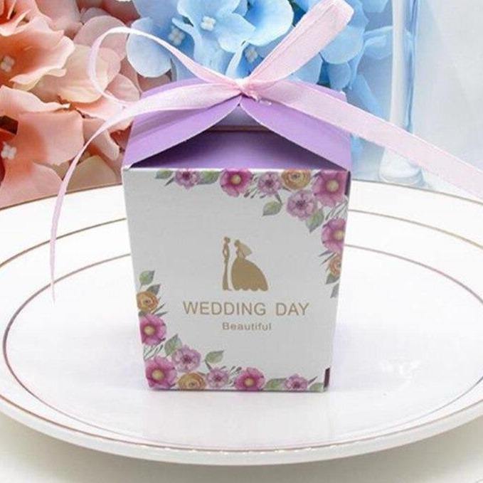 European Wedding Gift Packing Sugar Box Pink Color Ribbon Sweet Flower Bride and Groom Beautiful Wedding Decoration 50pcs