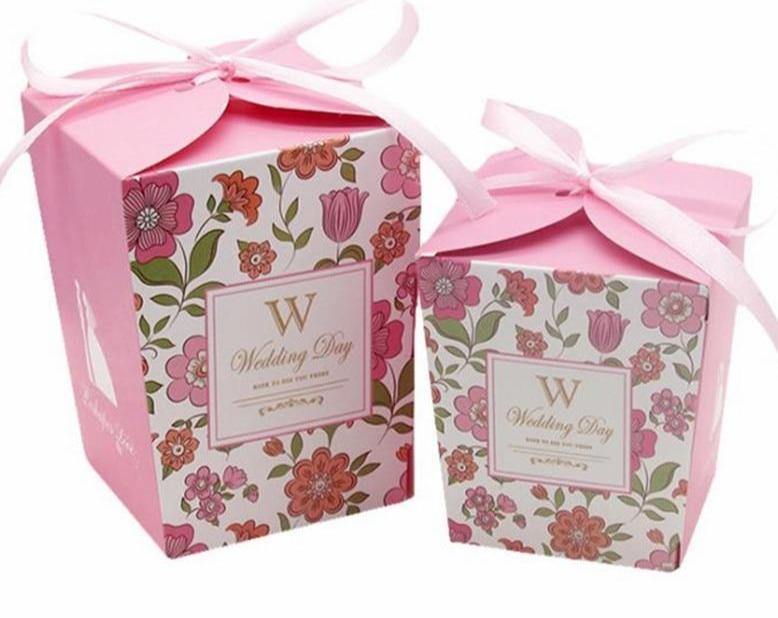 European Wedding Gift Packing Sugar Box Pink Color Ribbon Sweet Flower Bride and Groom Beautiful Wedding Decoration 50pcs