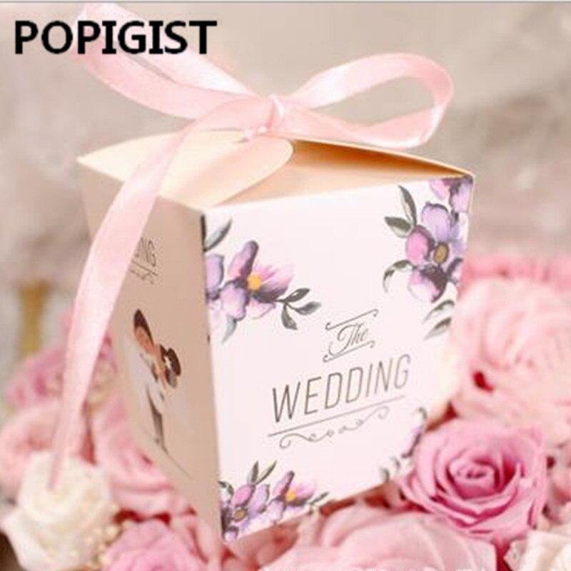 European Wedding Gift Packing Sugar Box Pink Color Ribbon Sweet Flower Bride and Groom Beautiful Wedding Decoration 50pcs