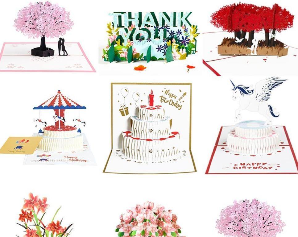 3D Pop-Up Cards Flowers Birthday Card Anniversary Gifts Postcard Unicorn Maple Cherry Tree Wedding Invitations Greeting Cards