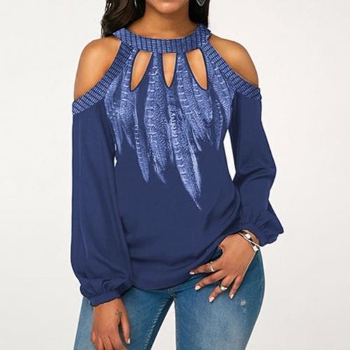 Elegant Women Cold Shoulder Long Sleeve Blouse Round Neck