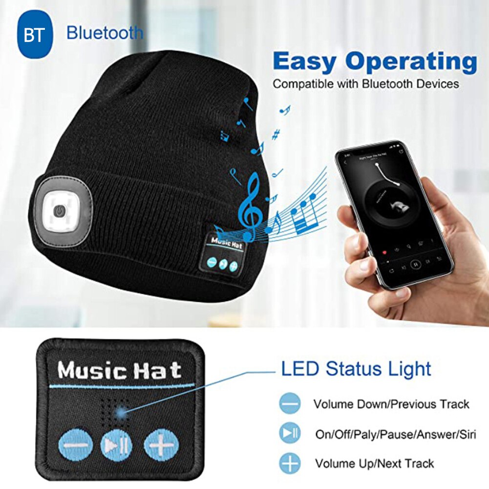 Winter Beanie LED Lighted Knitted Headphones Rechargeable Cap