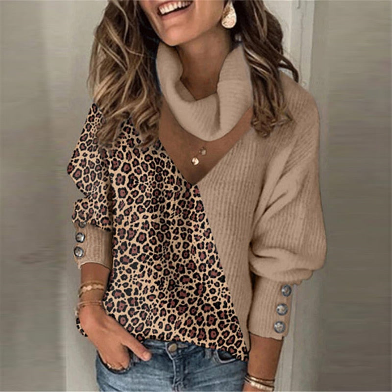 Woman Knitted Leopard Patchwork Long Lantern Sleeve Sweaters