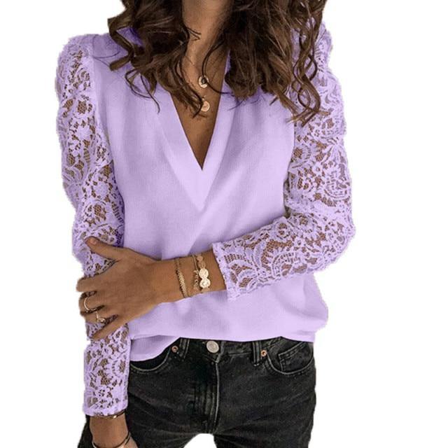 Women V-Neck Lace Long Casual Sleeve Shirts Summer - Mercy Abounding