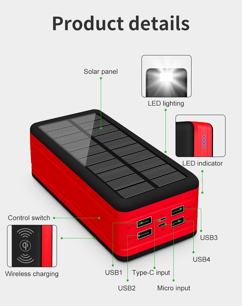 Wireless Waterproof Power Solar Bank 99000mAh For Phone