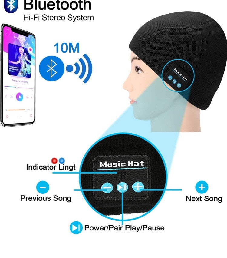 Beanie USB rechargeable wireless music headphones speaker hat