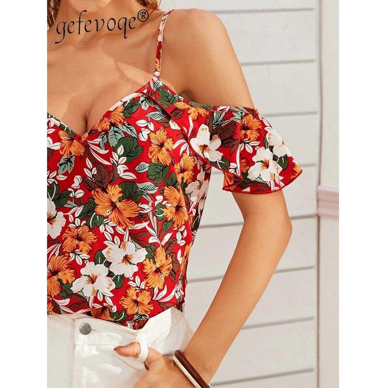 Women Summer Off Shoulder Strap Floral Print Blouse - Mercy Abounding