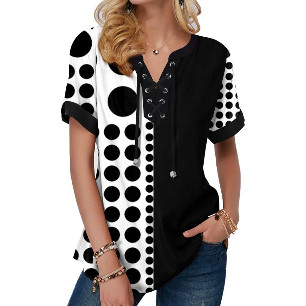 Colorful Print Lacing Women Short Sleeve Loose Blouse - Mercy Abounding