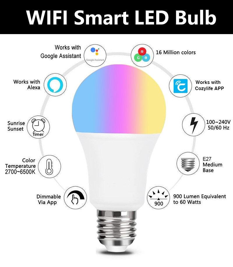 Bulb Light 15W WiFi Dimmable  E27 RGB Alexa Echo Google Home