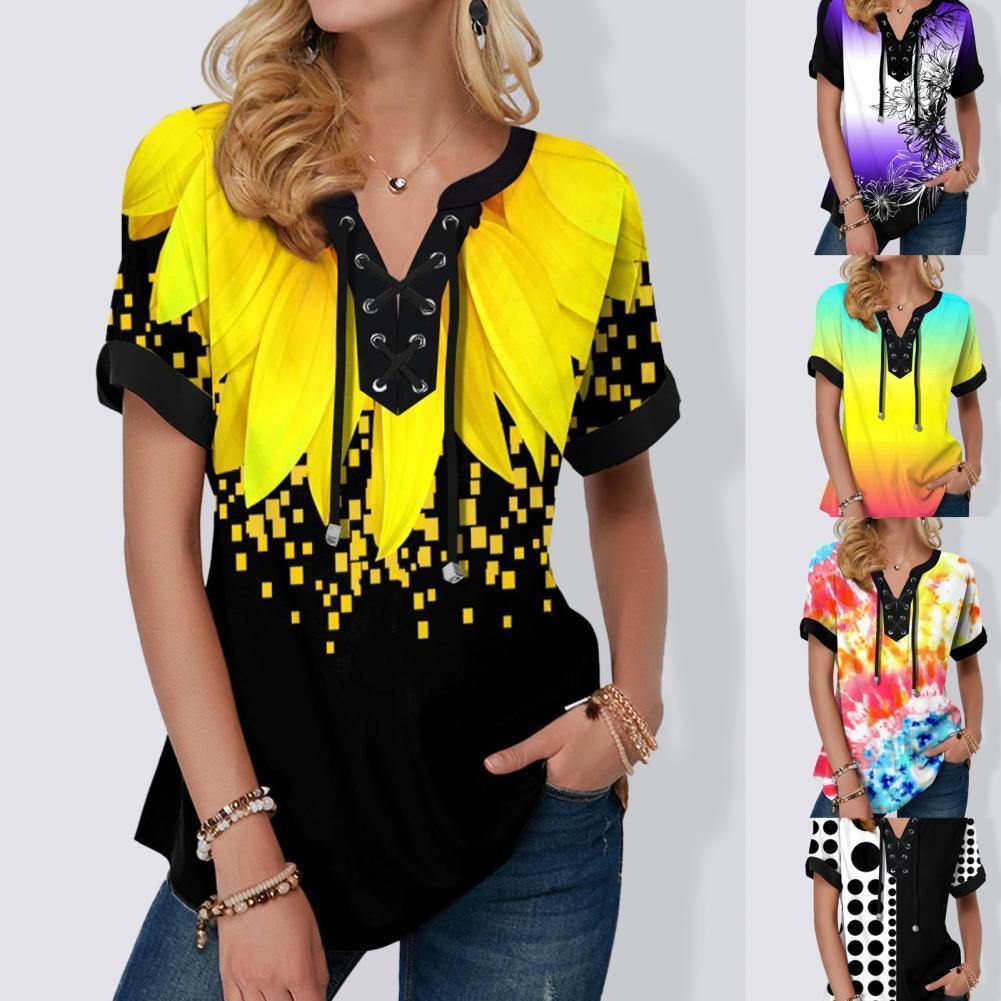 Colorful Print Lacing Women Short Sleeve Loose Blouse - Mercy Abounding