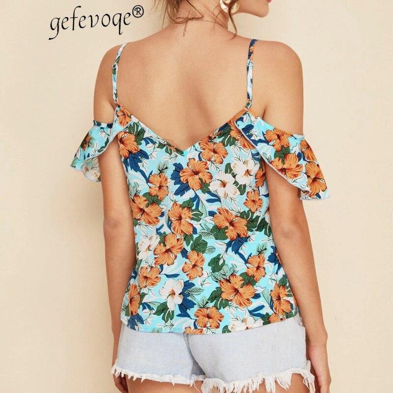 Women Summer Off Shoulder Strap Floral Print Blouse - Mercy Abounding