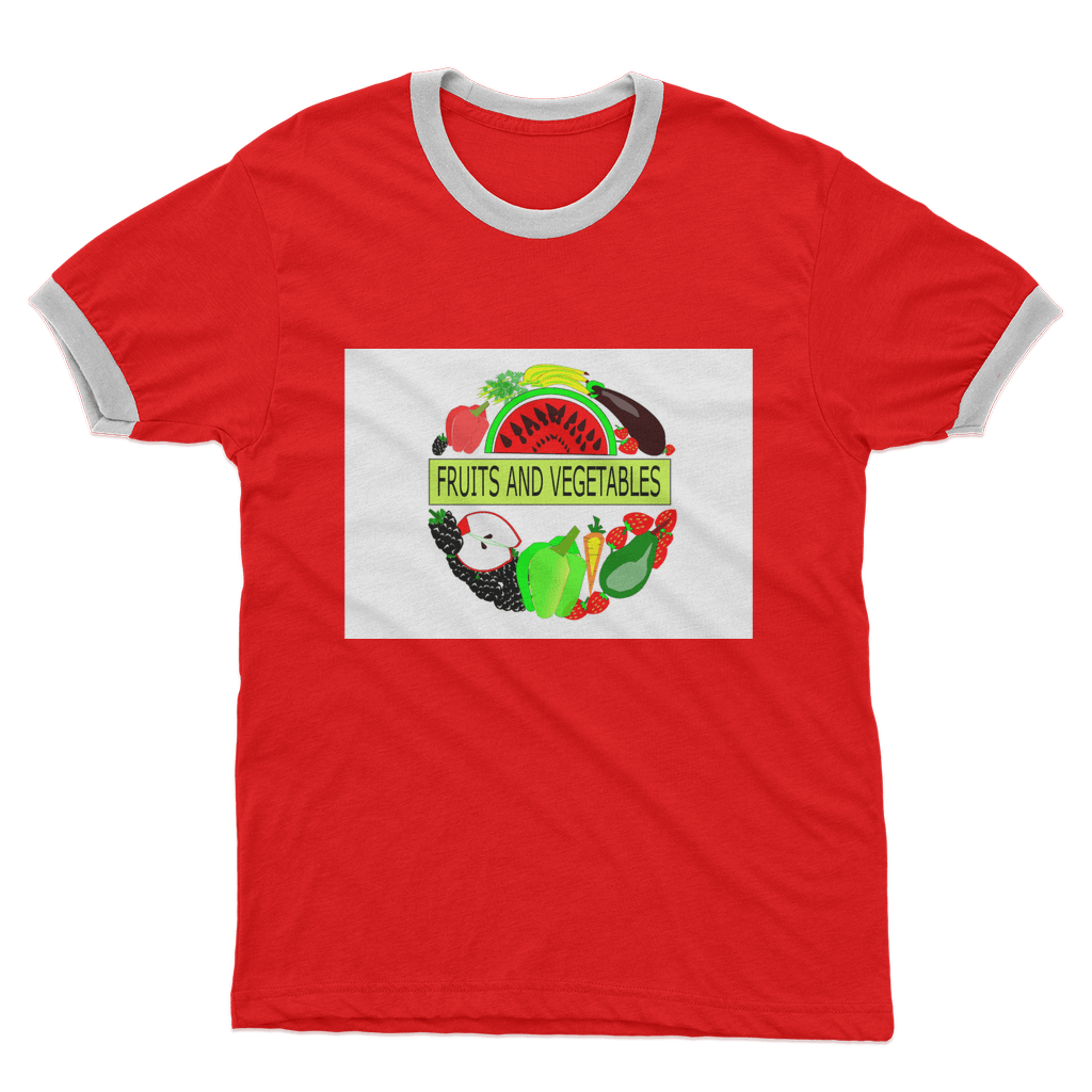Adult Crew Neck Ringer Fruits And Vegetables Design T-Shirt - Mercy Abounding
