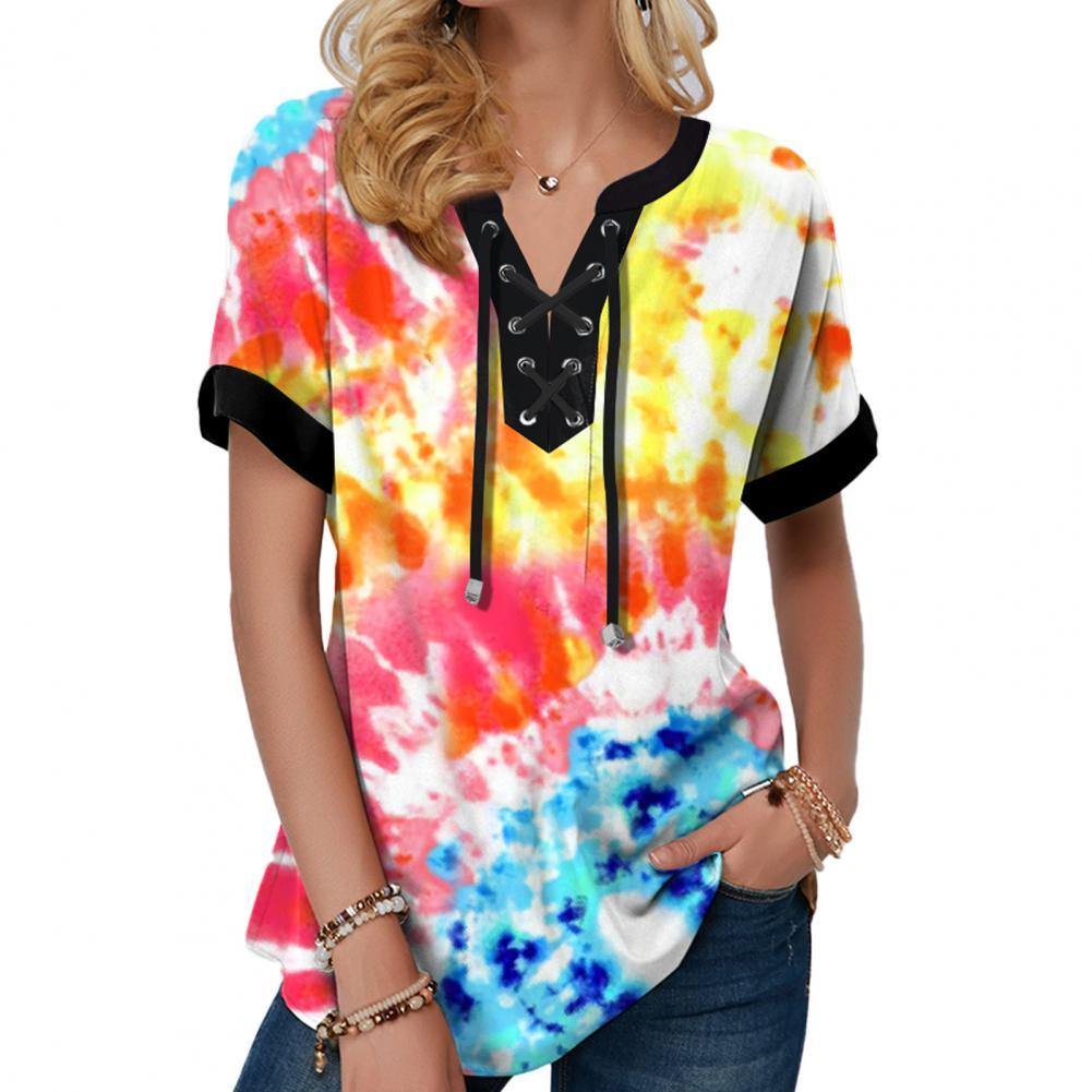 Colorful Print Lacing Women Short Sleeve Loose Blouse - Mercy Abounding