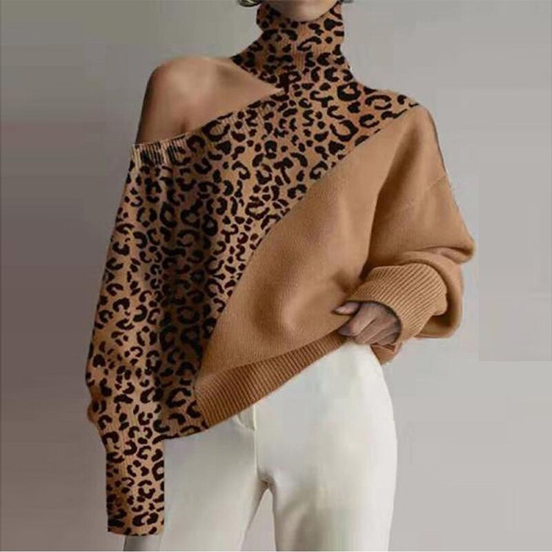 Beautiful Sexy Off-houlder Turtleneck Sweater Leopard Print