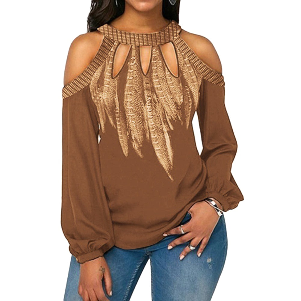 Elegant Women Cold Shoulder Long Sleeve Blouse Round Neck