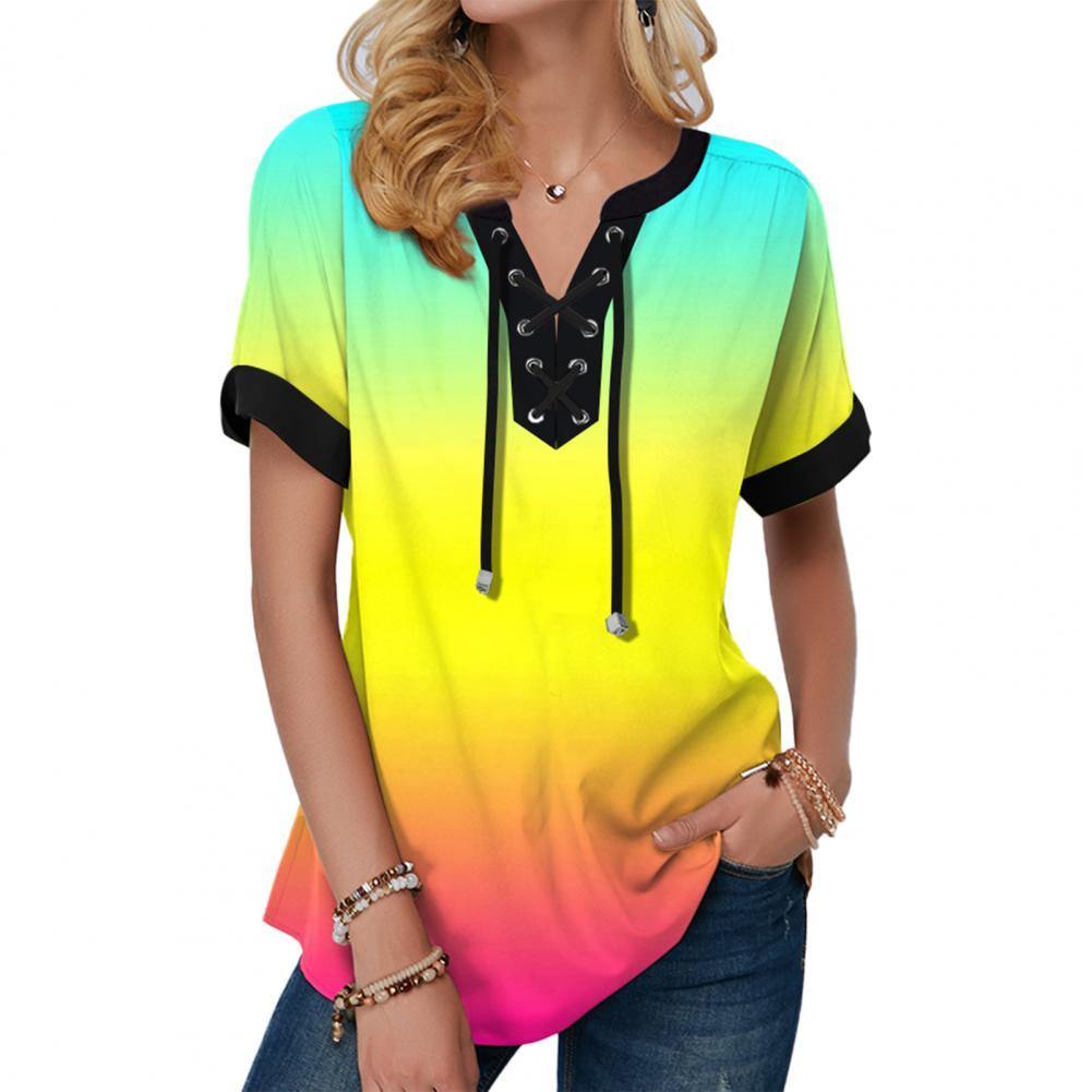 Colorful Print Lacing Women Short Sleeve Loose Blouse - Mercy Abounding