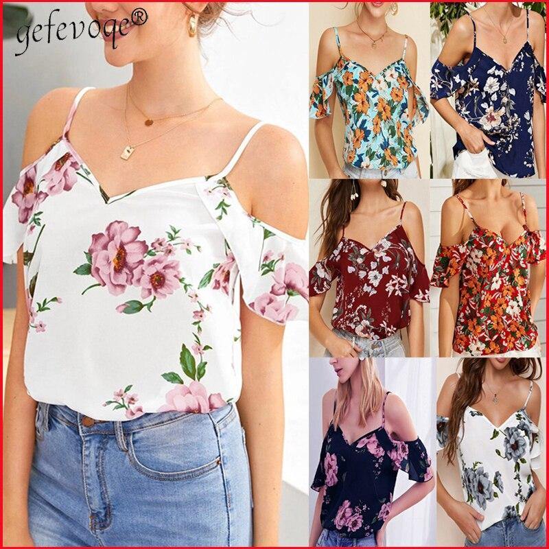 Women Summer Off Shoulder Strap Floral Print Blouse - Mercy Abounding