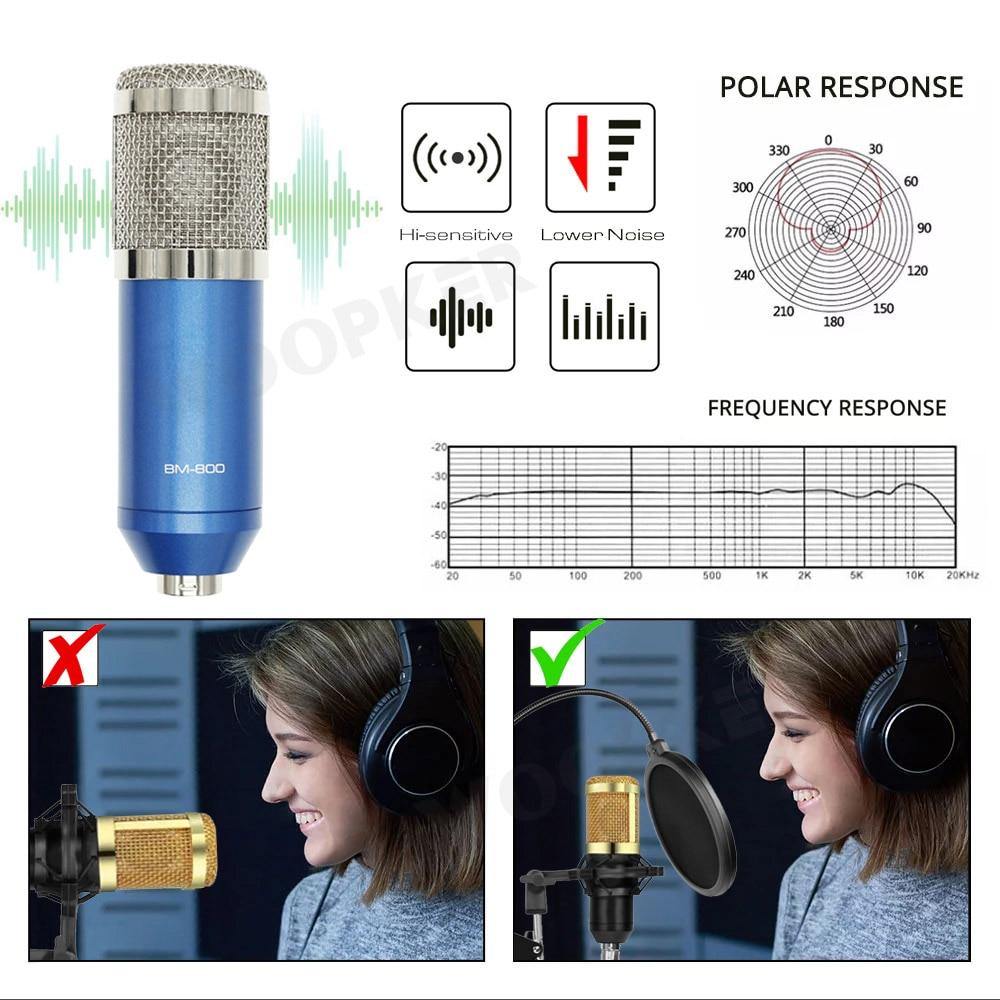 Wired Microphone BM 800 Mic stand Studio condenser Microphone With Filter V8 Sound Card Vocal Recording KTV Karaoke Microphone