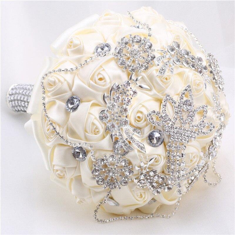 15cm Different Styles Bride Bouquets Bridal Wedding Holding Flowers With Diamond Pearls Ivory Rose Decoration Party Buque Noiva