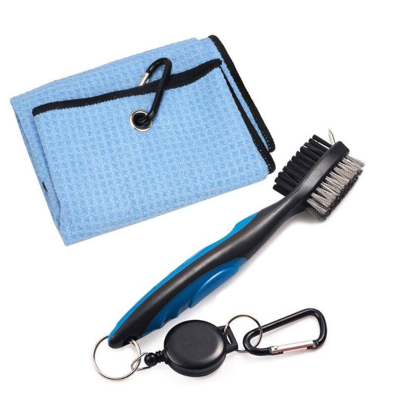 Golf Club Brush and Towel Kit Cleaner with Loop Clip for Hanging on Golf Bag Club Groove Ball Cleaning Tool Set Outdoor