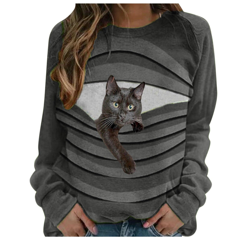 Hiphop Tshirt Men Women Casual Long Sleeve Cat Printing O-neck Loose Shirt Patchwork Pullover Tops Cute Stitching T-shirt