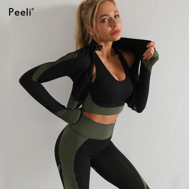 2 PC Long Sleeve Gym Cropped Top Seamless Leggings Yoga Set Workout Clothes Women Sport Suit Fitness Set Sports Bra Sportswear