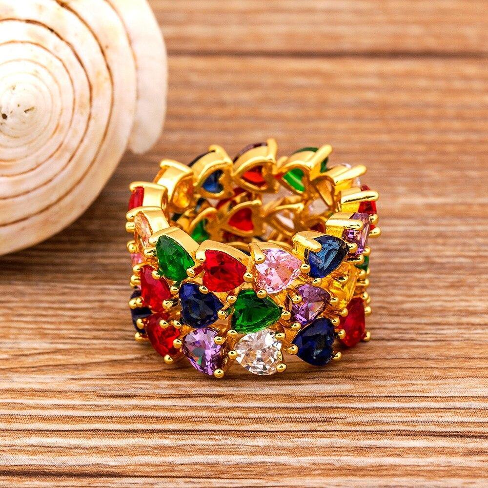 Hot Sale Heart Shape Rainbow CZ Gold Ring For Women Fashion Engagement Wedding Band Top Quality Charm Jewelry For Lovers Gift