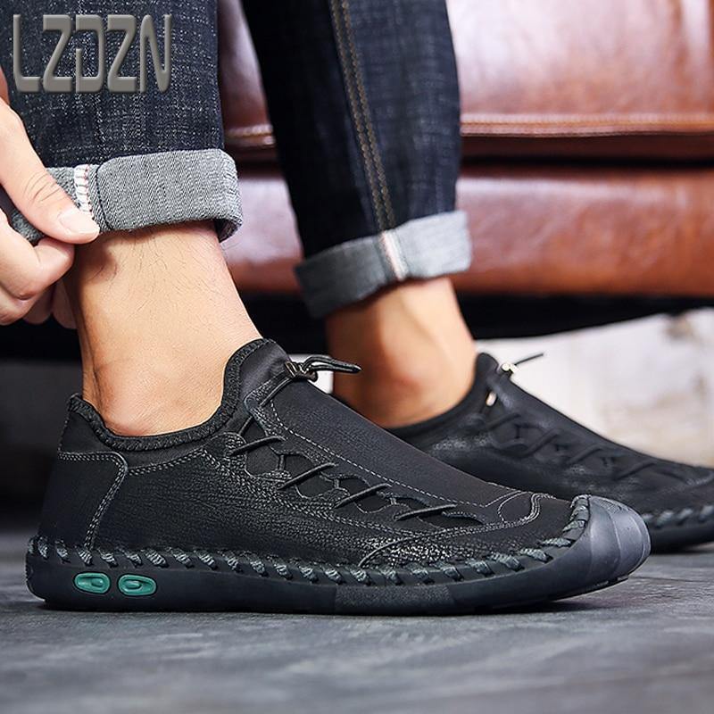 Big Foot Genuine Leather Shoes For Men's Breathable Trendy Soft-Soled Large Size 12 Casual Handmade Brand Moccasins Black Summer