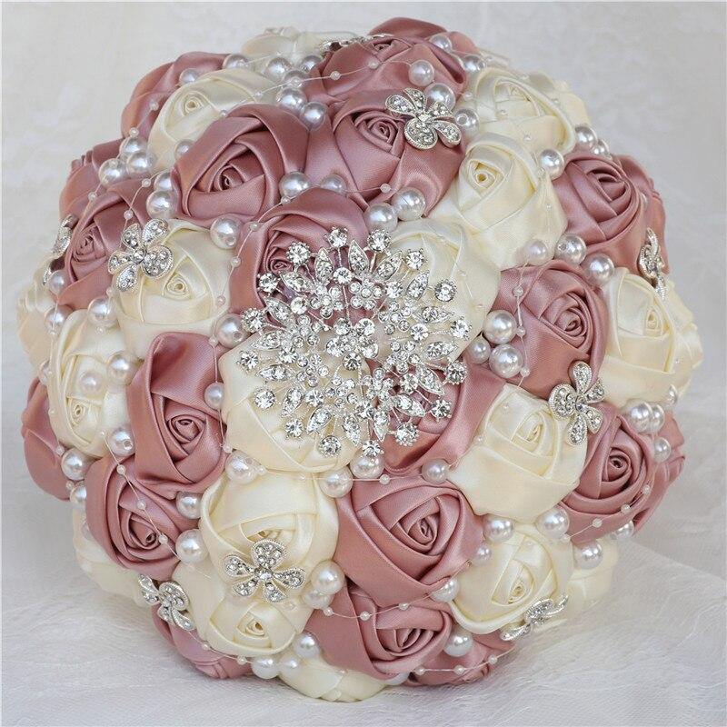 21CM Wedding Bouquet Handmade Simple Holding Flowers Silk Rose Diamond Pearl Artificial Flowers Bridal Bouquets Mariage W224E