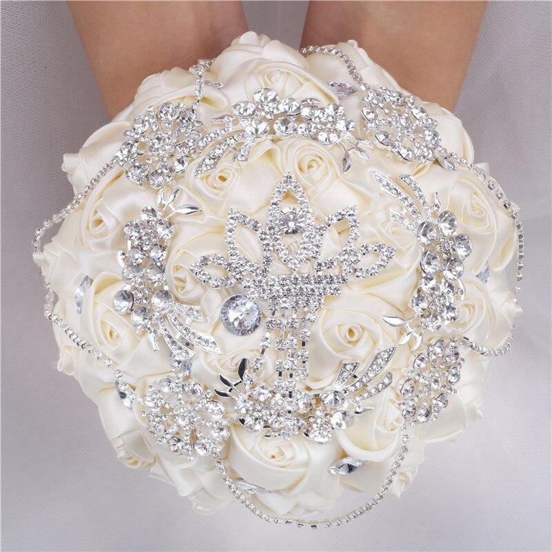 15cm Different Styles Bride Bouquets Bridal Wedding Holding Flowers With Diamond Pearls Ivory Rose Decoration Party Buque Noiva