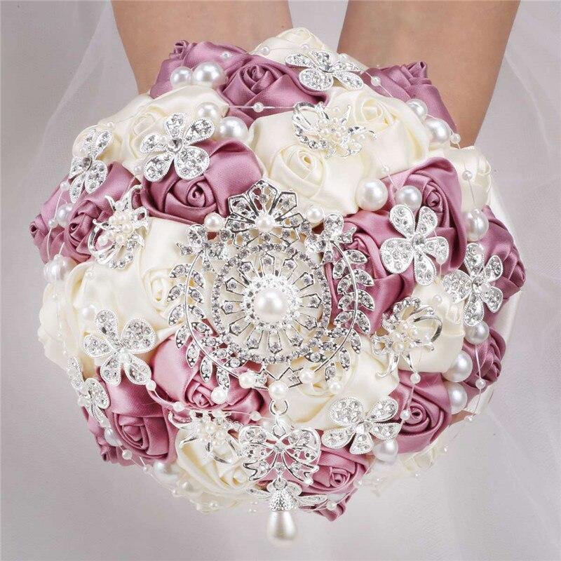 15cm Different Styles Bride Bouquets Bridal Wedding Holding Flowers With Diamond Pearls Ivory Rose Decoration Party Buque Noiva