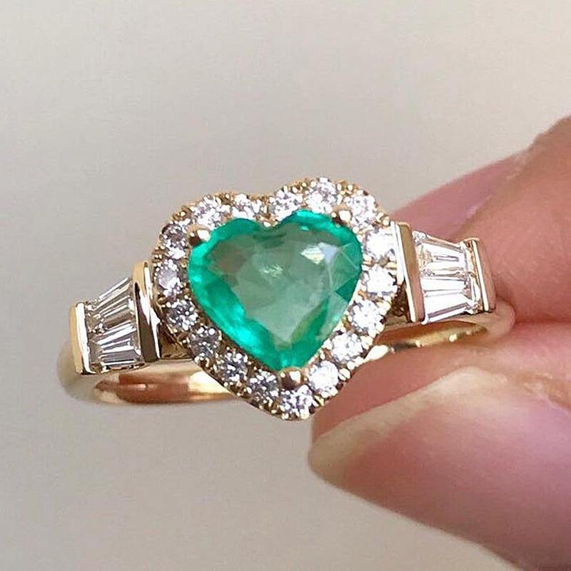 Fashion Heart Shape Green Stone Ring Luxury Zircon Band Promise Love Wedding Engagement Rings Jewelry For Women Gifts