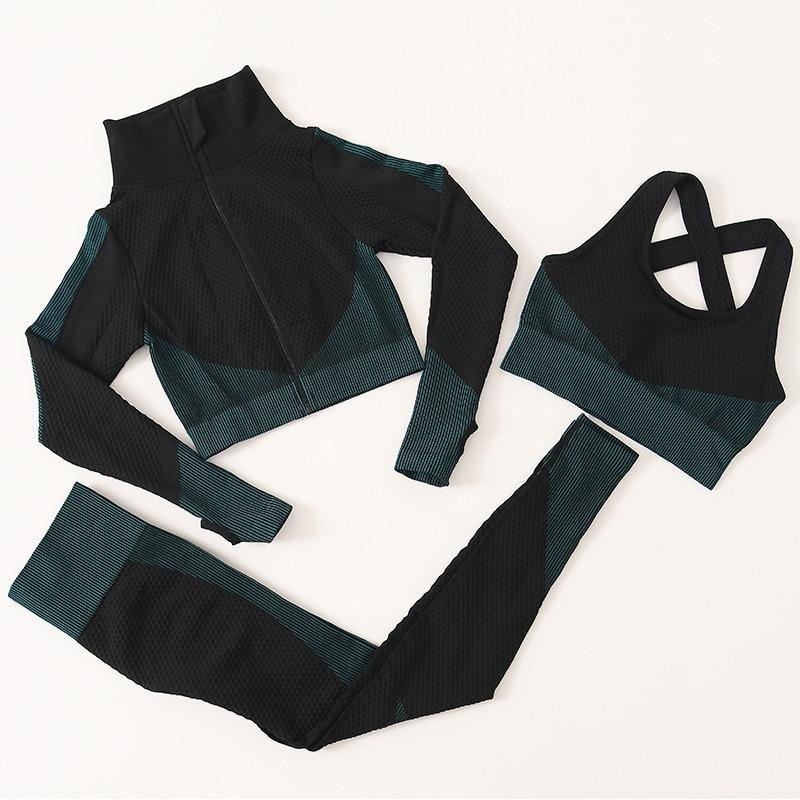 2 PC Long Sleeve Gym Cropped Top Seamless Leggings Yoga Set Workout Clothes Women Sport Suit Fitness Set Sports Bra Sportswear