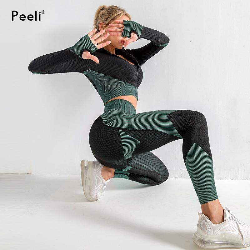 2 PC Long Sleeve Gym Cropped Top Seamless Leggings Yoga Set Workout Clothes Women Sport Suit Fitness Set Sports Bra Sportswear