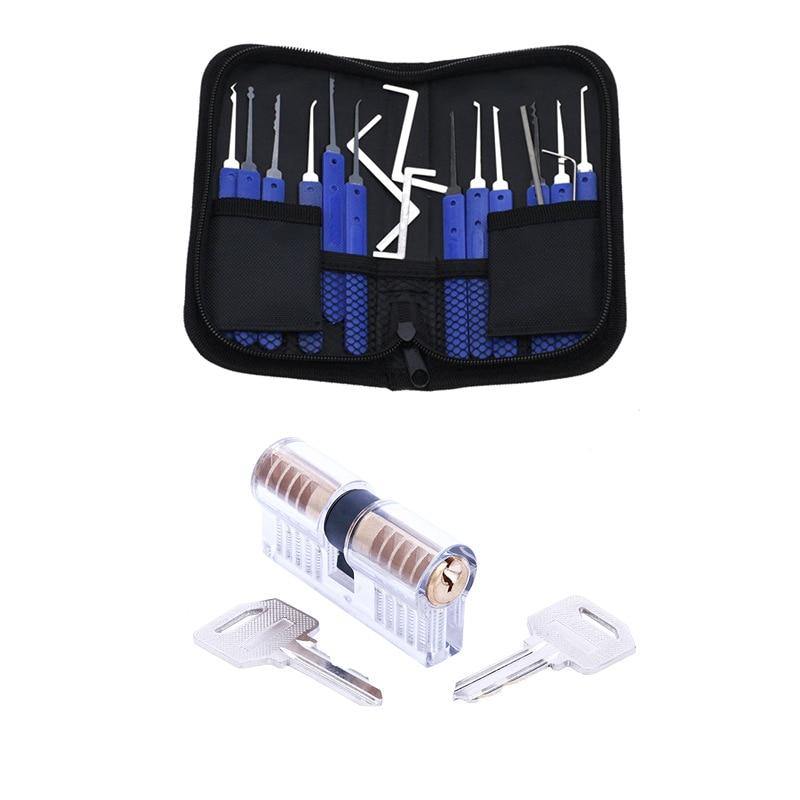 17Pcs 2 Locks Locksmith Tools Unlocking Lock Pick Set Practice Key Extractor Padlock Tool Kits With Bag
