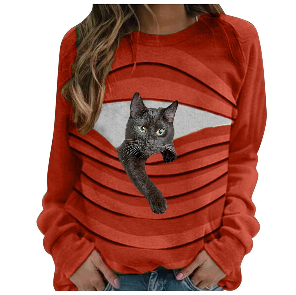 Hiphop Tshirt Men Women Casual Long Sleeve Cat Printing O-neck Loose Shirt Patchwork Pullover Tops Cute Stitching T-shirt
