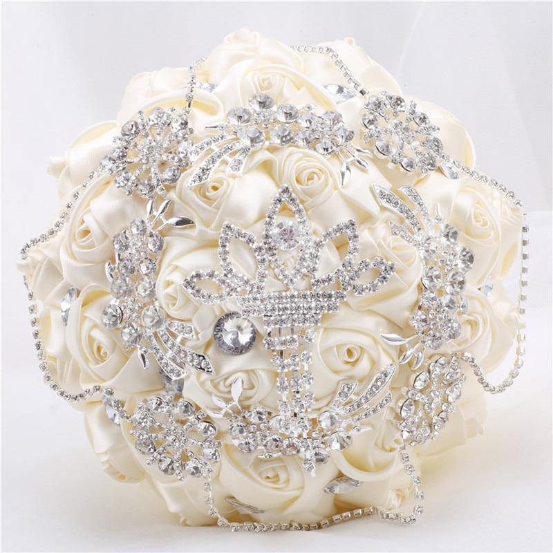 15cm Different Styles Bride Bouquets Bridal Wedding Holding Flowers With Diamond Pearls Ivory Rose Decoration Party Buque Noiva