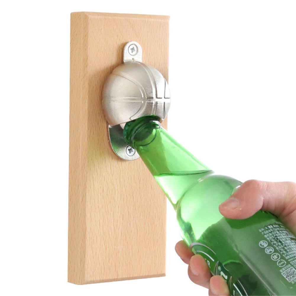 Automatic Bottle Opener Wooden Board Magnetic Refrigerator Beer Basketball Football Cap for Home Bar