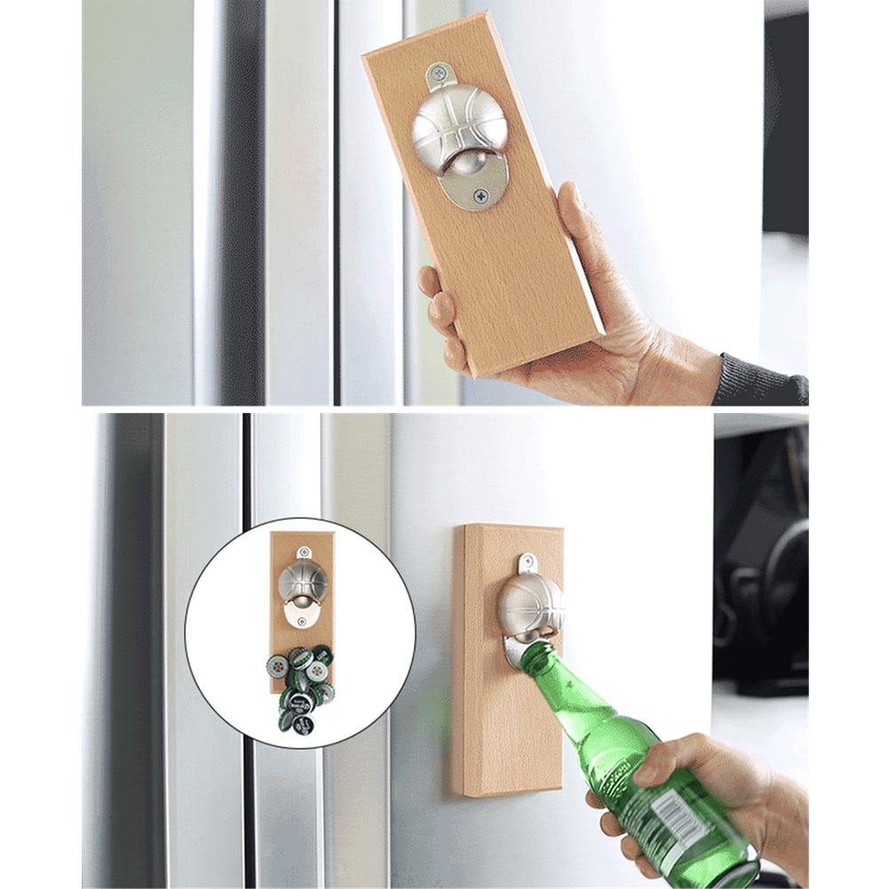 Automatic Bottle Opener Wooden Board Magnetic Refrigerator Beer Basketball Football Cap for Home Bar