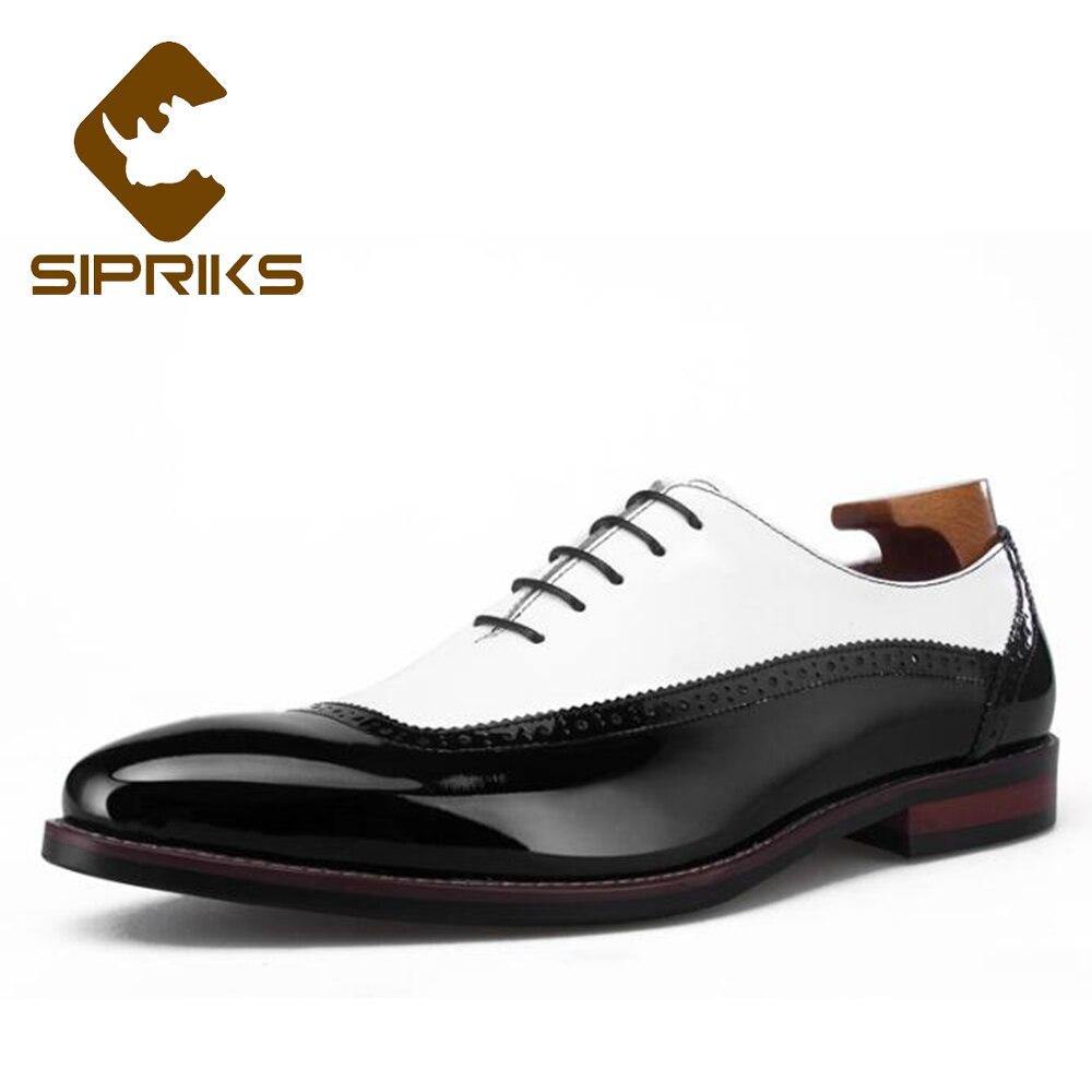 Sipriks Luxury Mens Patent Leather Black And White Patch Work Oxfords Elegant Male Wedding Party Dress Shoes Men Boss Business