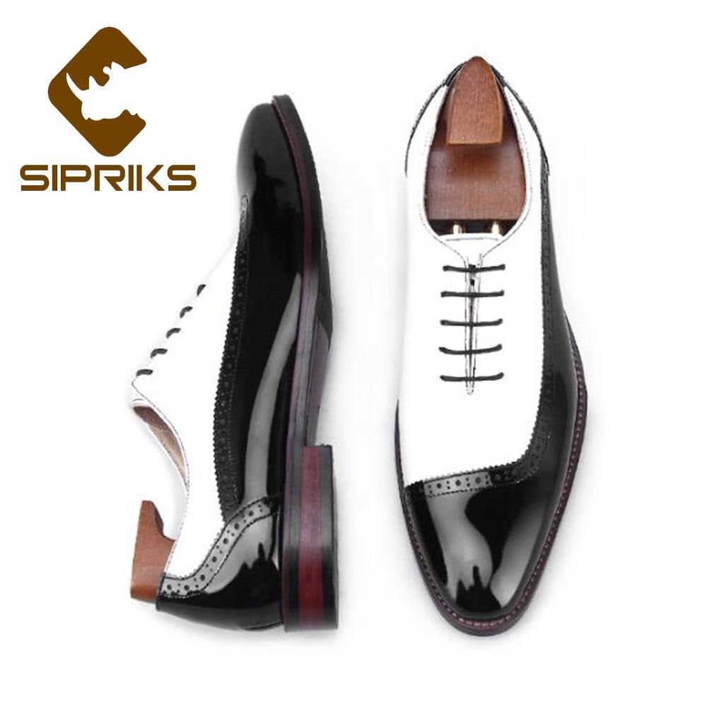 Sipriks Luxury Mens Patent Leather Black And White Patch Work Oxfords Elegant Male Wedding Party Dress Shoes Men Boss Business