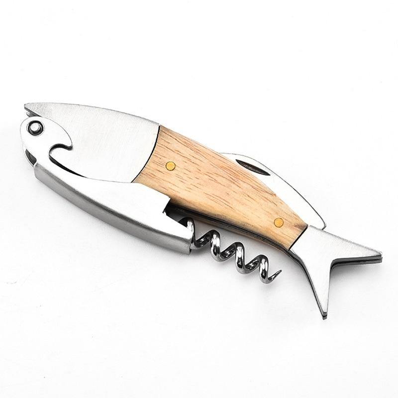 Cute Fish Shaped Wine Opener Wood Handle Professional Metal Openers Multifunction Portable Screw Corkscrew Wine Bottle Opener