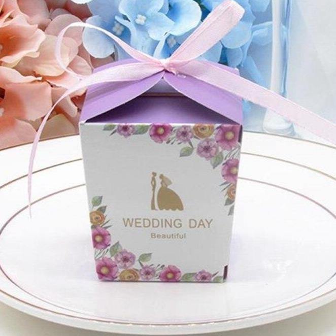 European Wedding Gift Packing Sugar Box Pink Color Ribbon Sweet Flower Bride and Groom Beautiful Wedding Decoration 50pcs