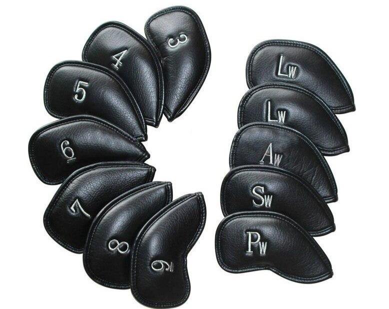 PLAYEAGLE 12 pcs/set Thickness PU Leather Waterproof Black Iron Headcover,Golf Club Head Covers