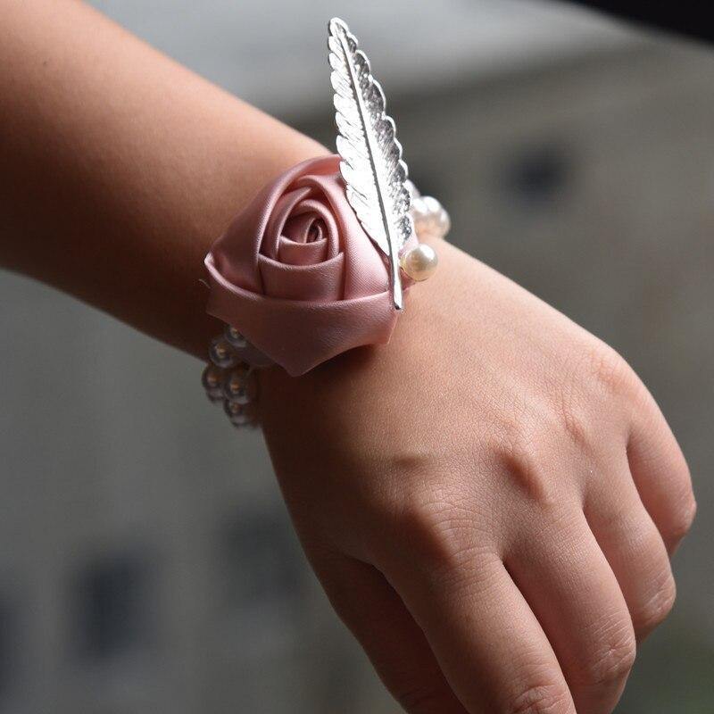 JaneVini Wrist Flower Rose Satin Pearls Bride Hand Decorative Wristband Bracelet Feature Bridesmaid Band Wedding Wrist Corsage