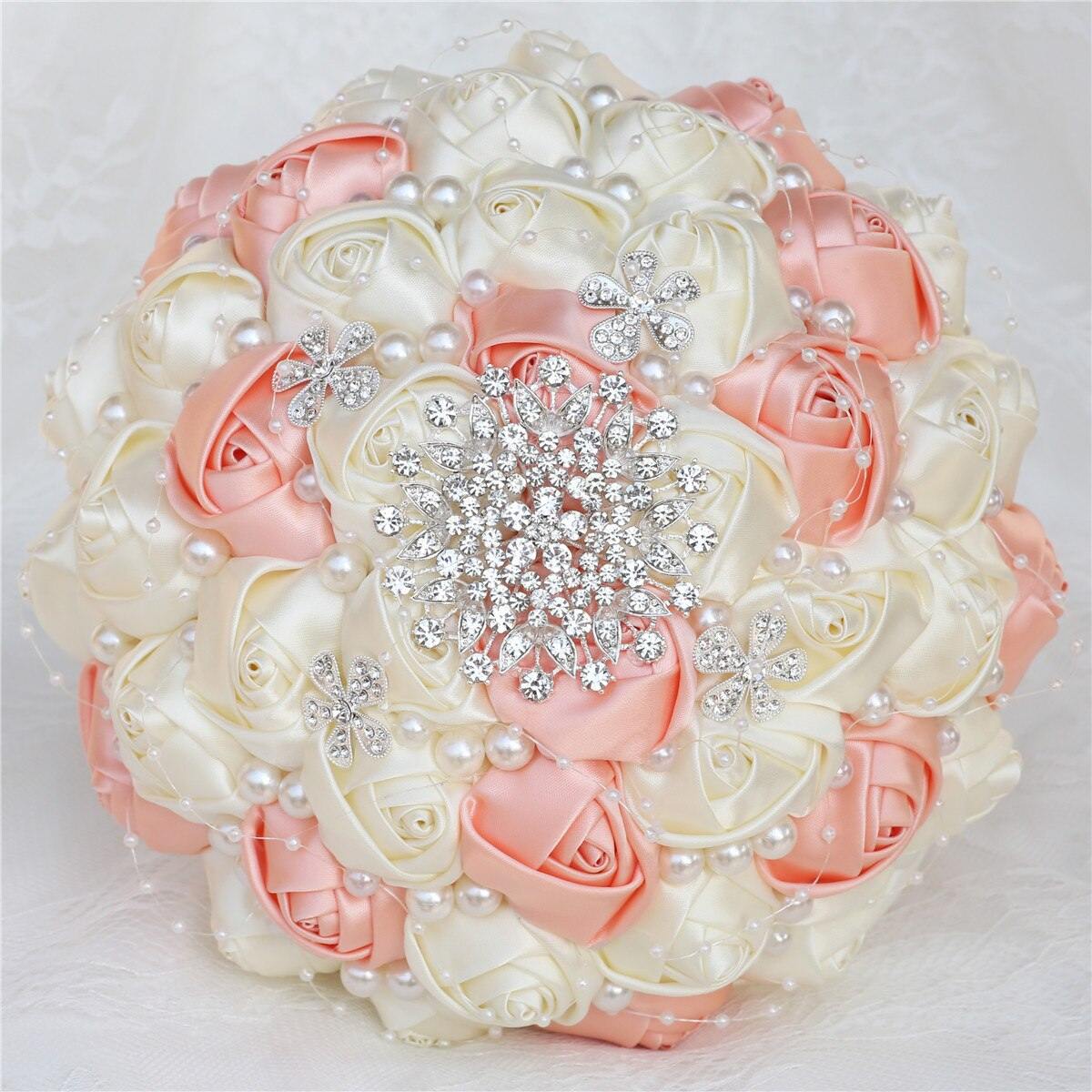 21CM Wedding Bouquet Handmade Simple Holding Flowers Silk Rose Diamond Pearl Artificial Flowers Bridal Bouquets Mariage W224E