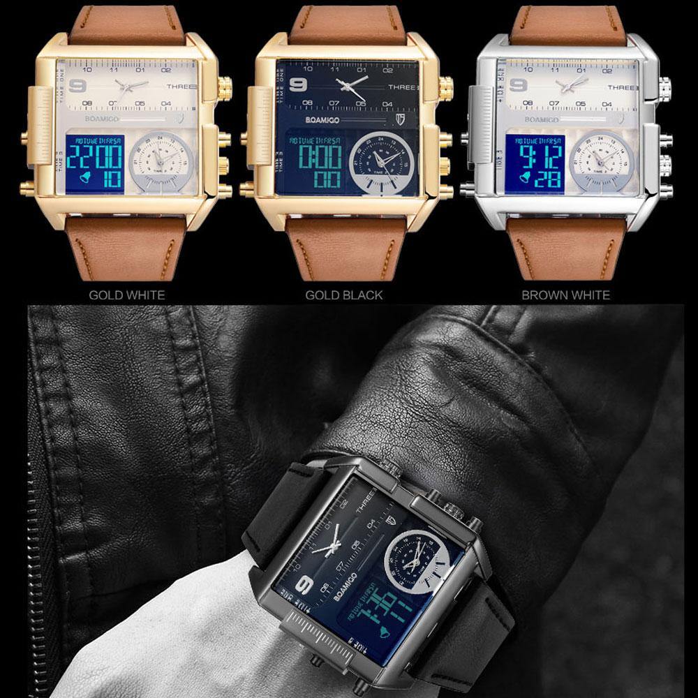 BOAMIGO brand men sports watches 3 time zone big man fashion military LED watch leather quartz wristwatches relogio masculino